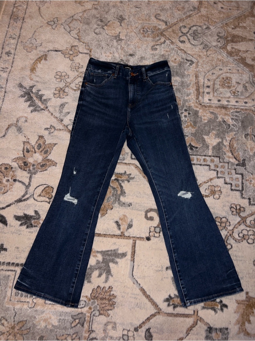 Express Dark Blue High Rise Distressed Cropped Flare Jeans